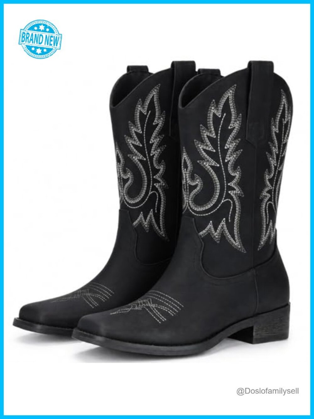 Square Toe Mid Calf Western Cowboy Boots Faux Leather Pull On Women's